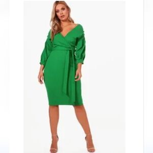 Vibrant Green Off The Shoulder Wrap Midi Dress